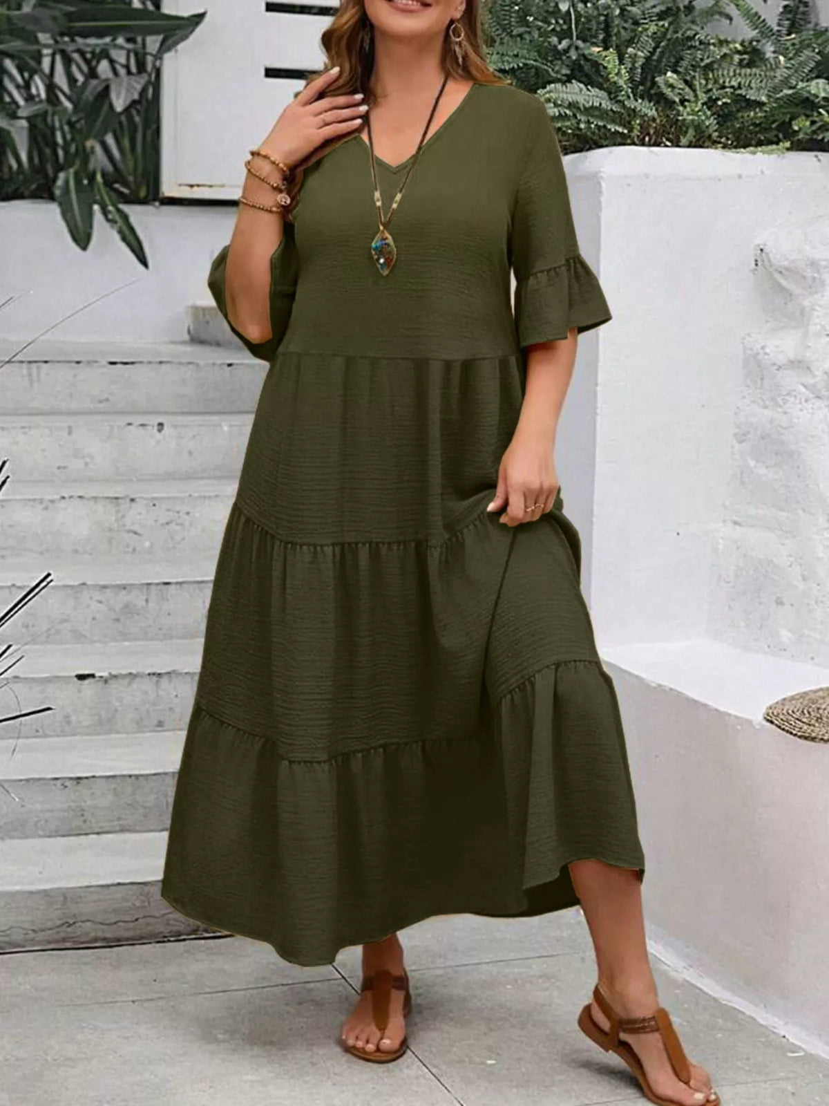 Plus Size Ruffle Sleeve Tiered Midi Dress, view 8
