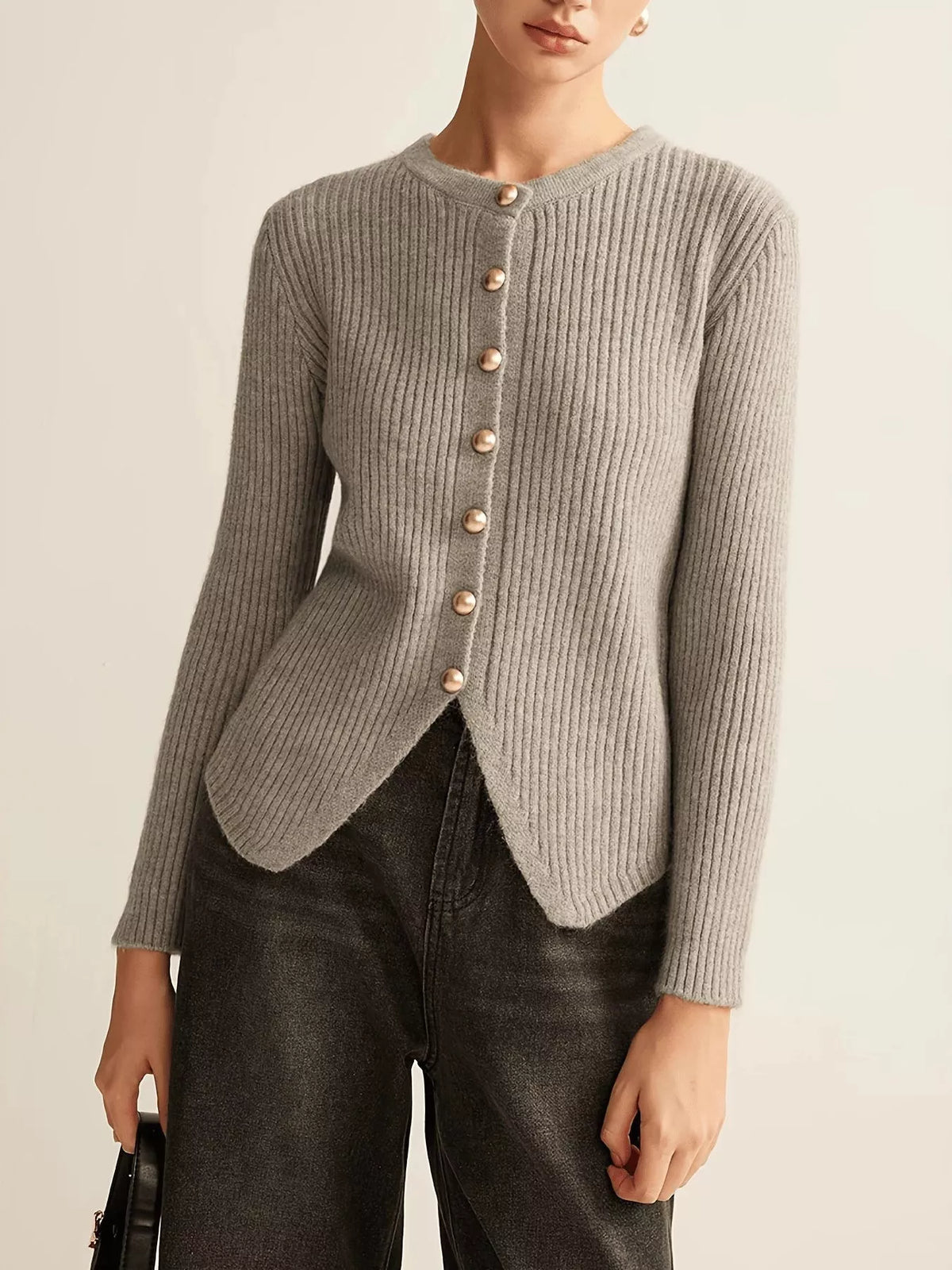 Ribbed knit cardigan side view