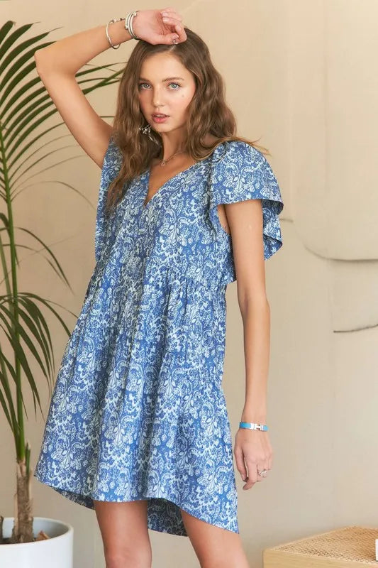 Floral Print Ruffle Sleeve Mini Dress in Denim Blue side view