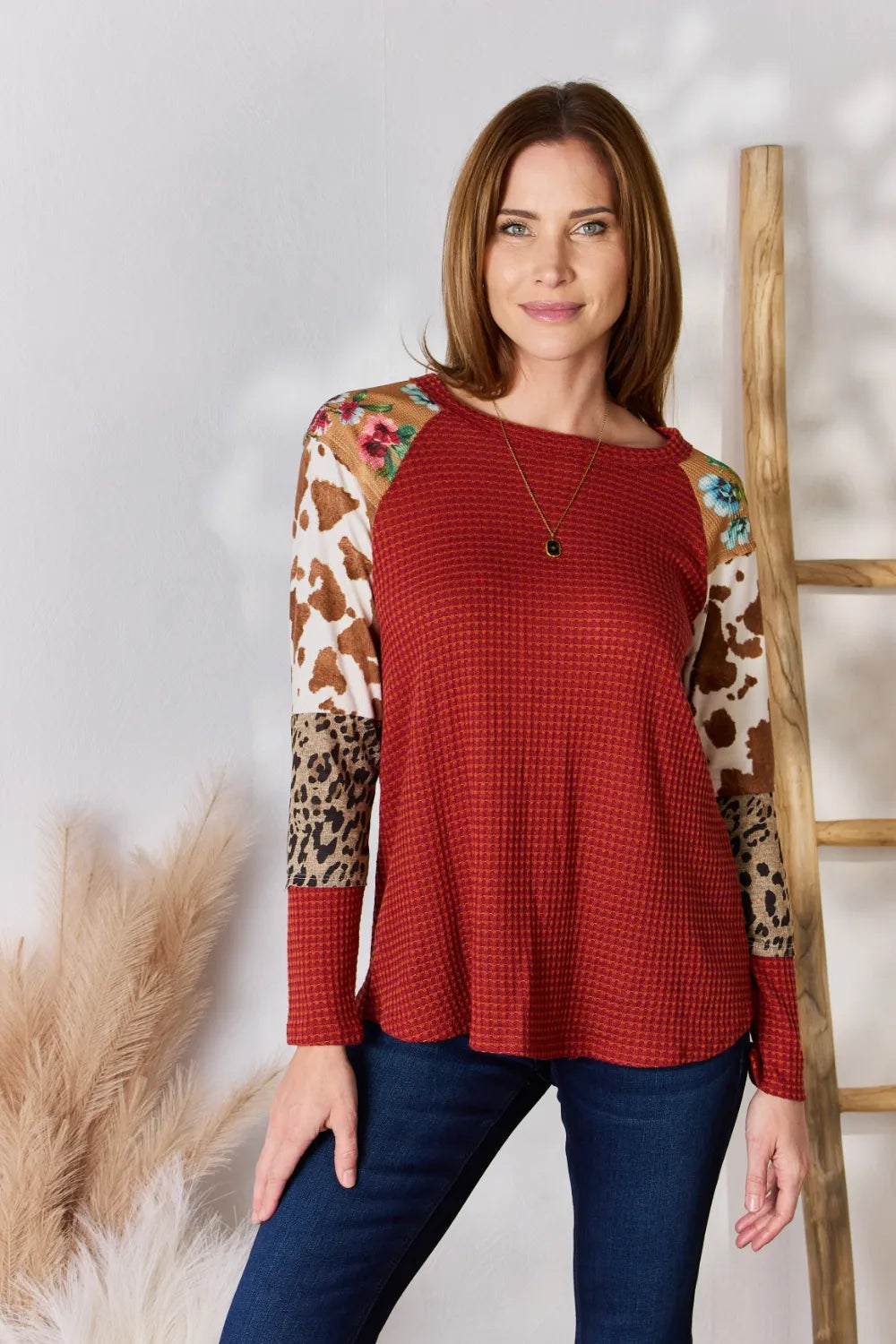 Hailey & Co Full Size Leopard Waffle-Knit Blouse - Fashorio