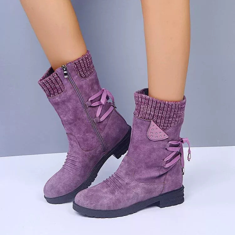 Grey knitted cuff round toe boots front facing view