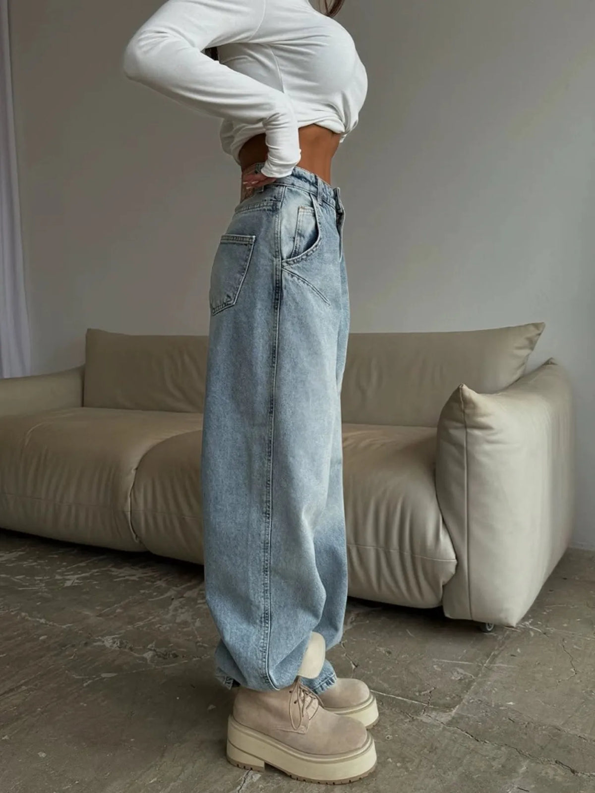 Back view of blue wide leg denim