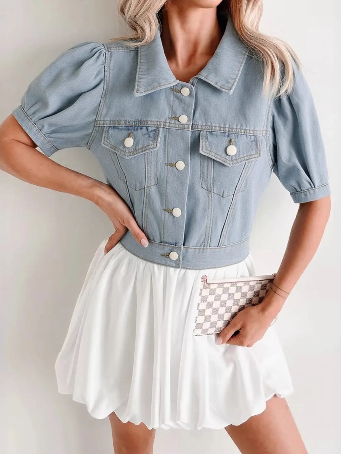 Button Up Puff Sleeve Cropped Denim Jacket - Fashorio