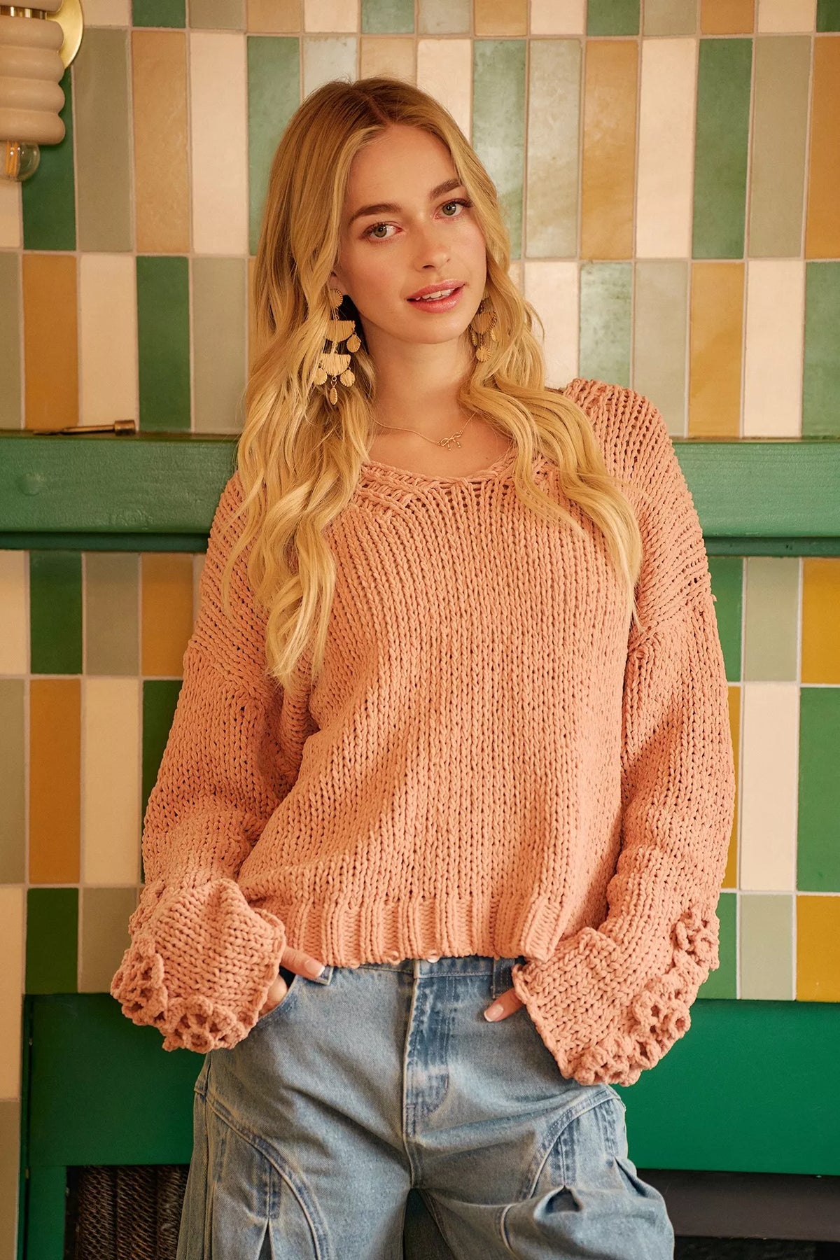 Chunky Knit Sweater with Floral Sleeves in Dusty Peach view 19