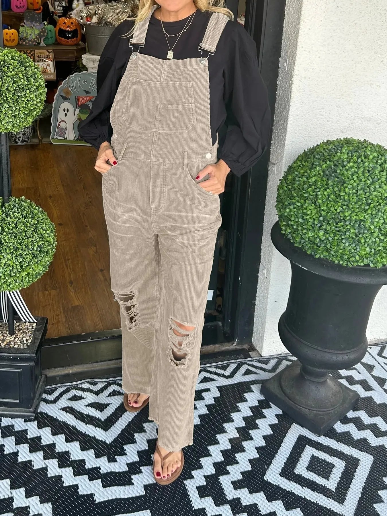 Distressed Wide Leg Corduroy Overalls Khaki - Fashorio