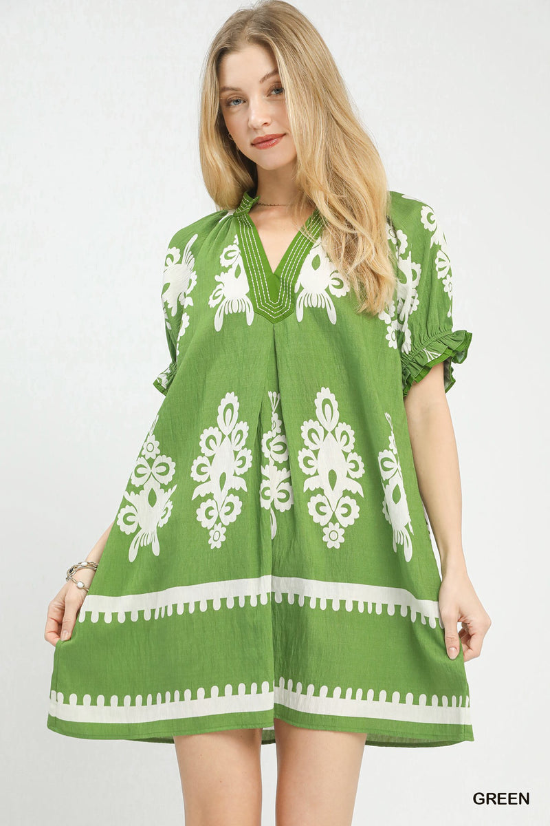 Two Tone Border Print Mini Dress