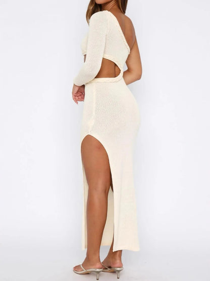 Cutout Slit One Shoulder Long Sleeve Sweater Dress - Fashorio