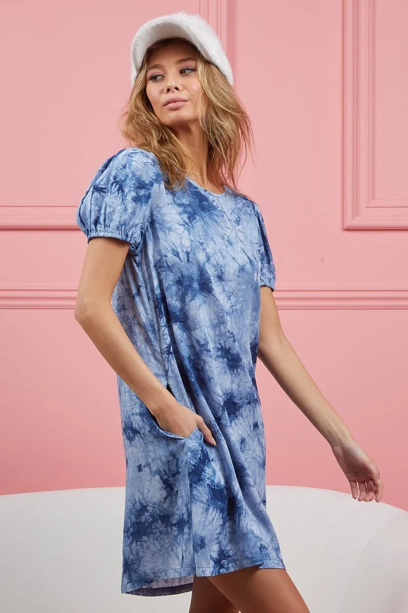 Tie Dye Puff Sleeve Dress with Pockets in Navy view 10