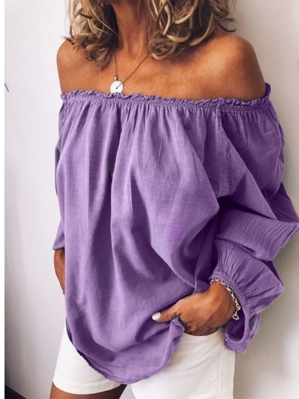 off shoulder frill trim blouse fabric detail