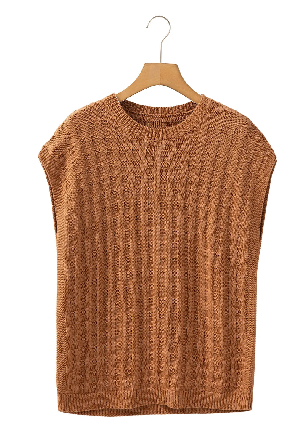 Round Neck Cap Sleeve Sweater Vest in Camel detail