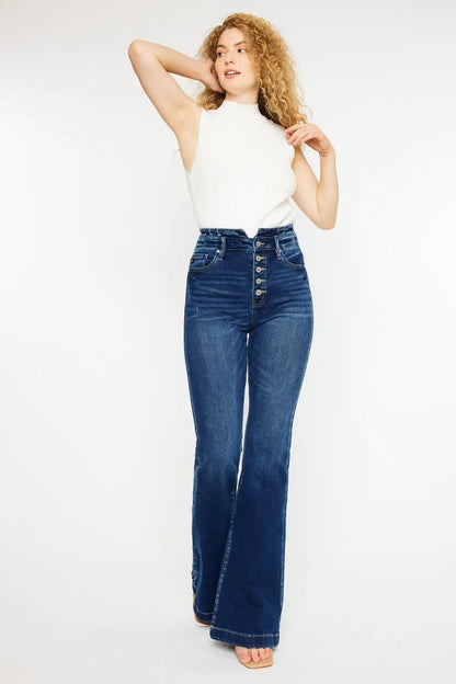 Kancan Button Fly High Rise Flare Jeans DARK - Fashorio