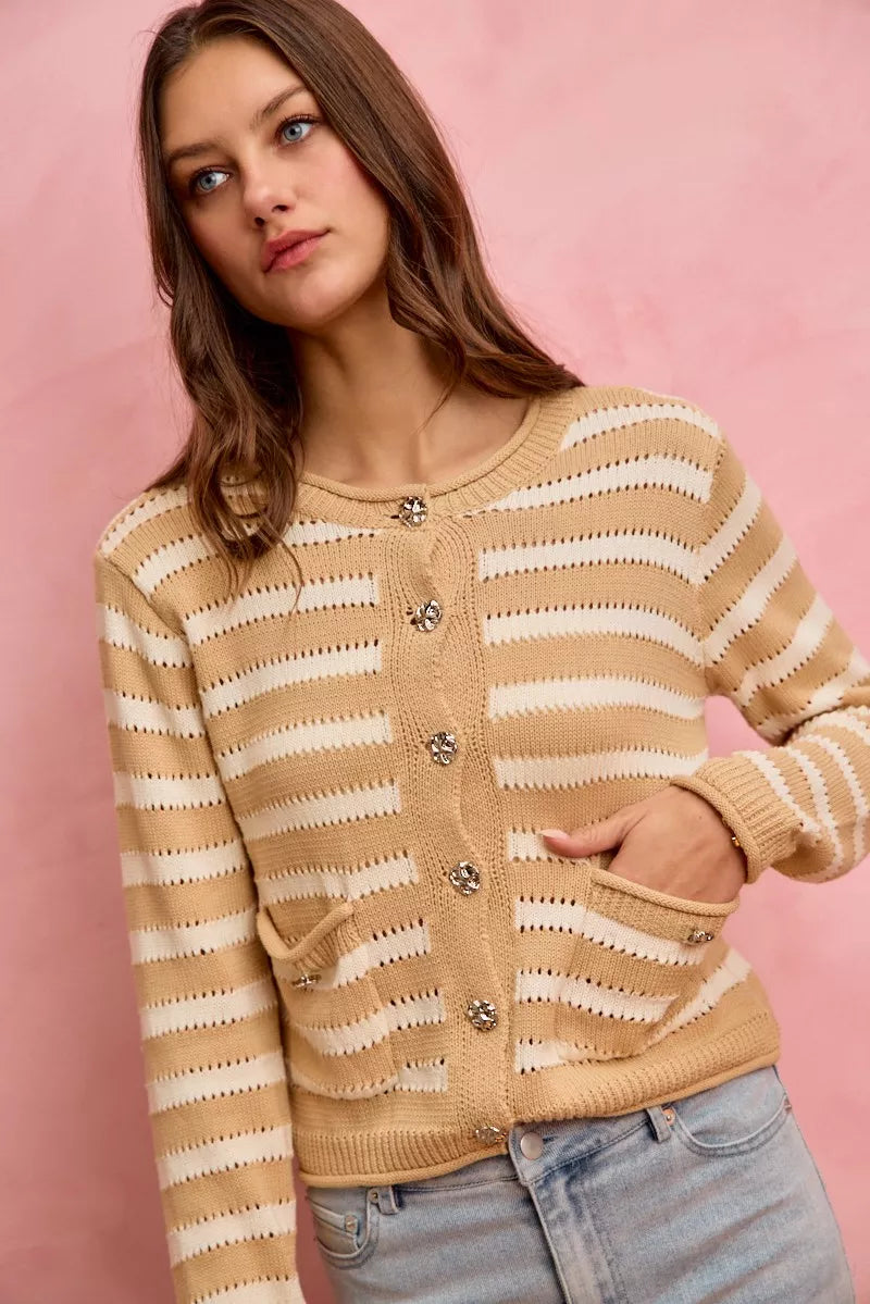 Striped Button Down Cardigan in White and Beige view 17