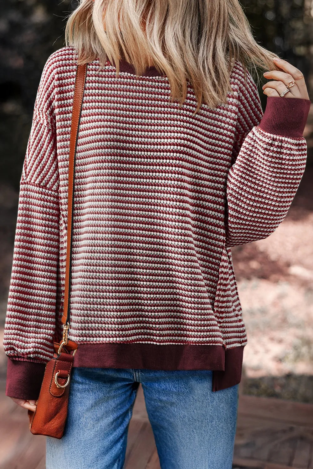 Oversized Striped Round Neck Sweatshirt Burgundy - Fashorio