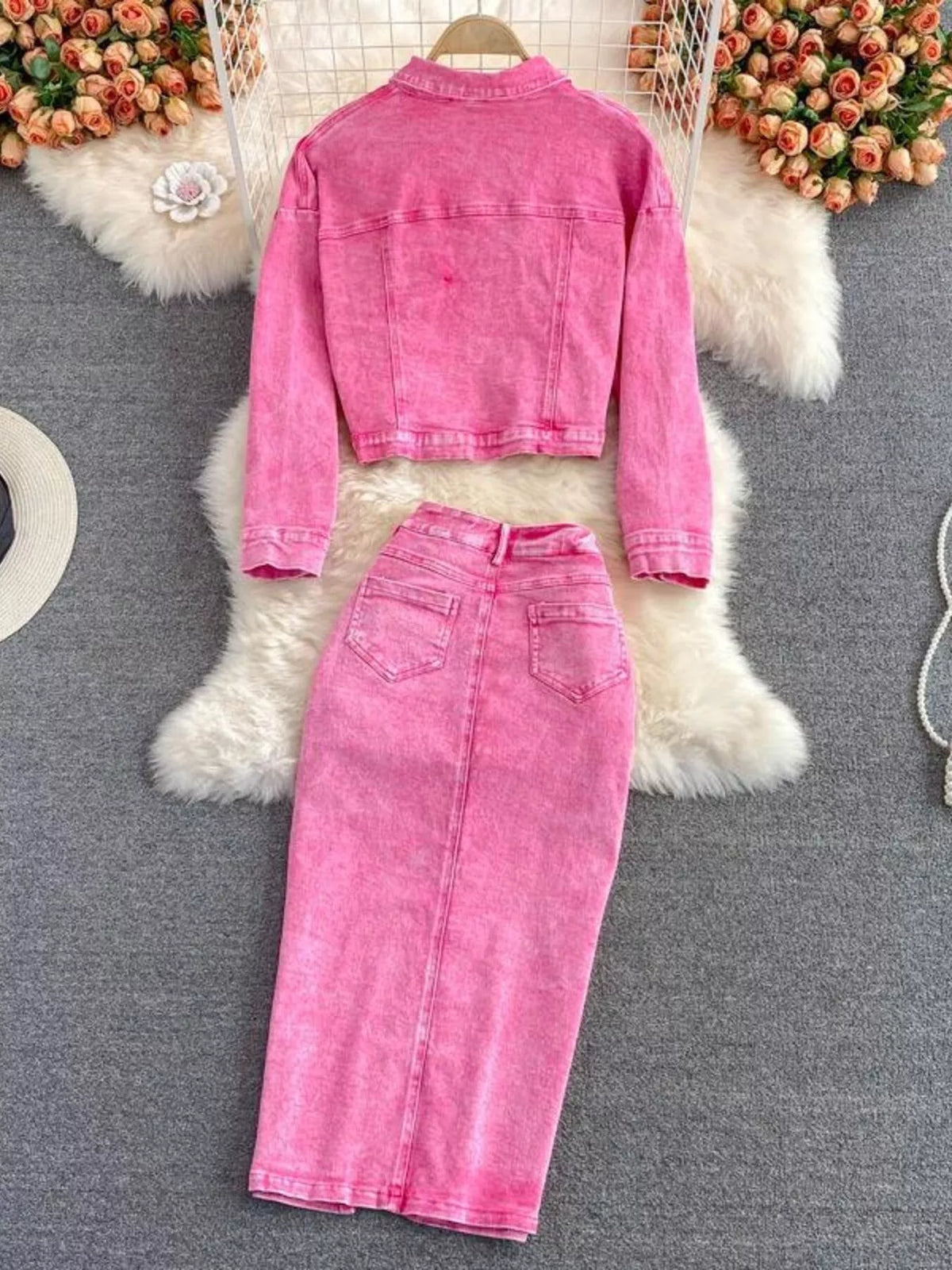 Pink denim two piece set side view