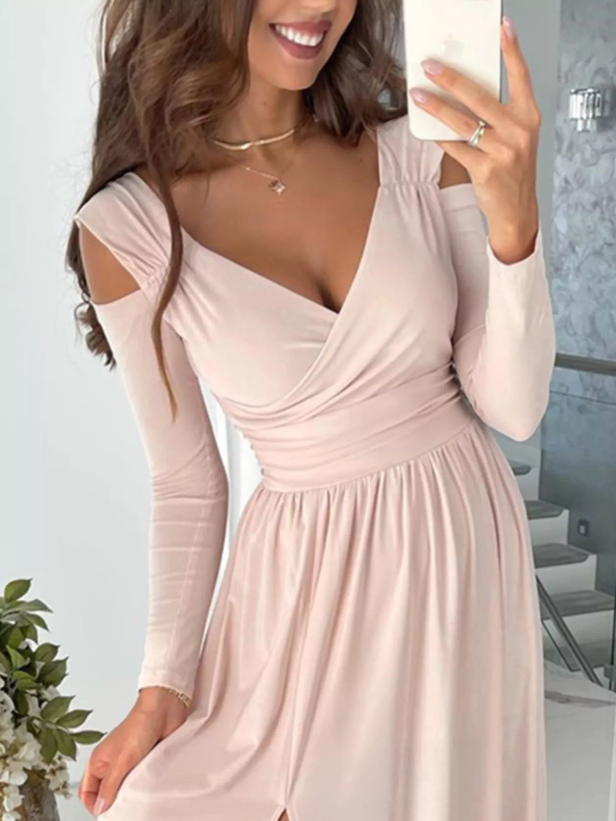Slit surplice cold shoulder maxi dress back view