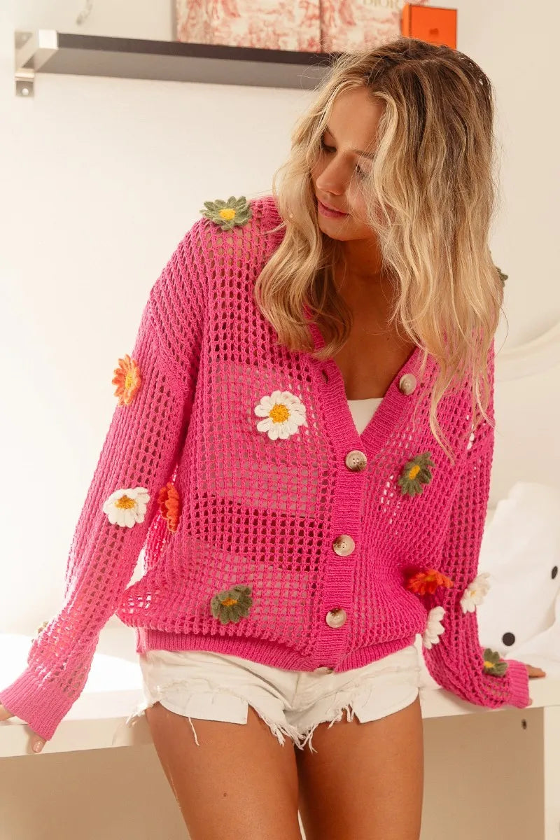 BiBi Flower Patches Open Knit Sweater Cardigan - Fashorio