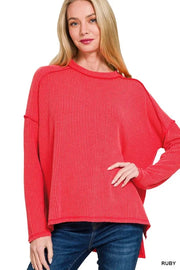 Zenana Full Size Exposed Seam Long Sleeve Corded Rib Knit Top Plus Size RUBY - Fashorio