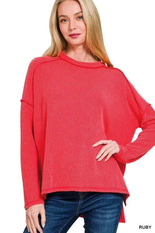 Zenana Full Size Exposed Seam Long Sleeve Corded Rib Knit Top Plus Size RUBY - Fashorio