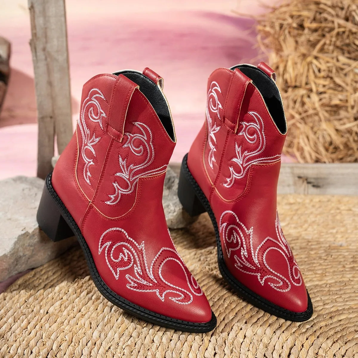 Classic point toe block heel boots styled on model