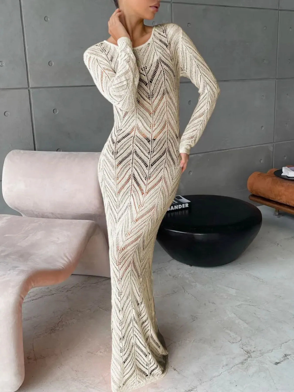 openwork knit long sleeve cover up maxi dress full length view