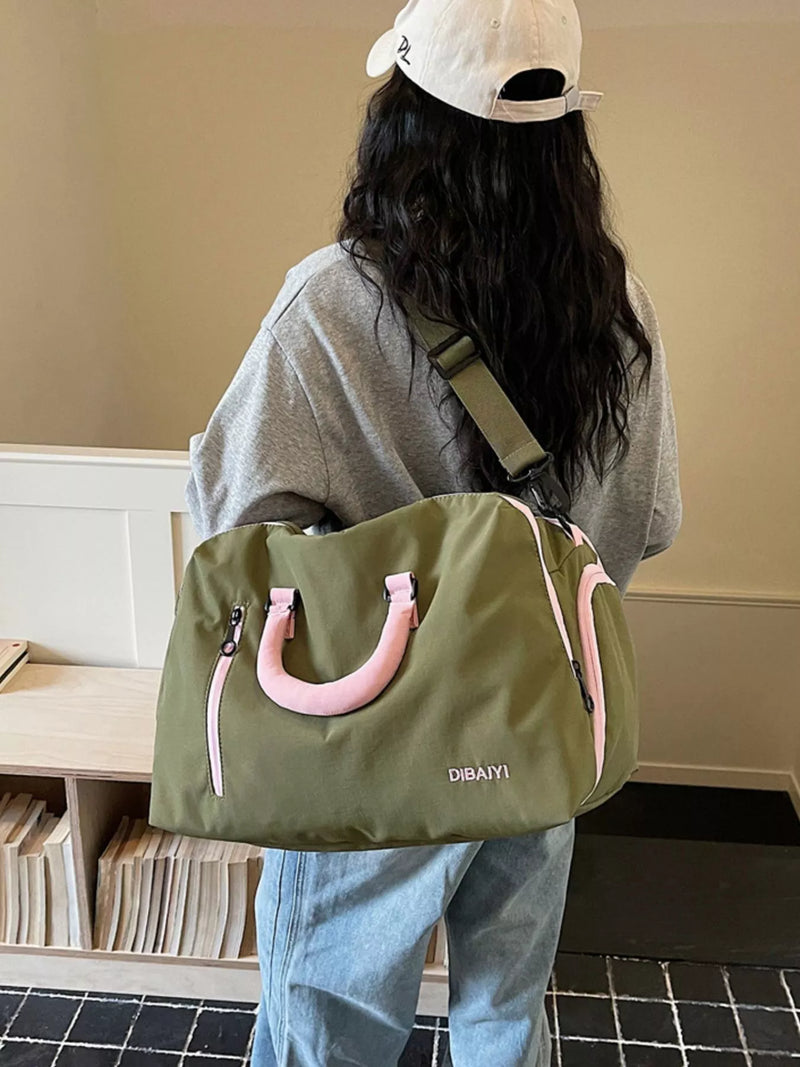Green oxford cloth travel duffel bag front view