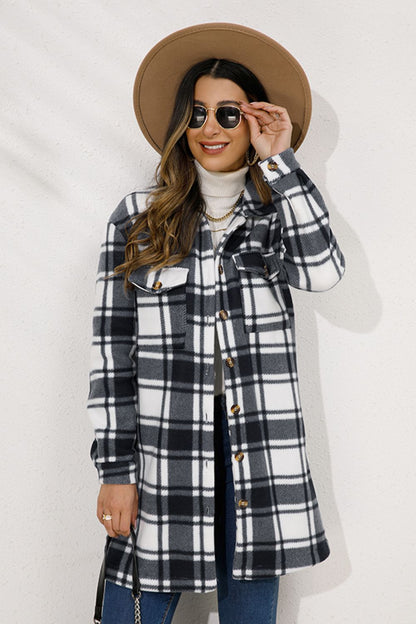 Shiny Plaid Collared Longline Coat - Fashorio