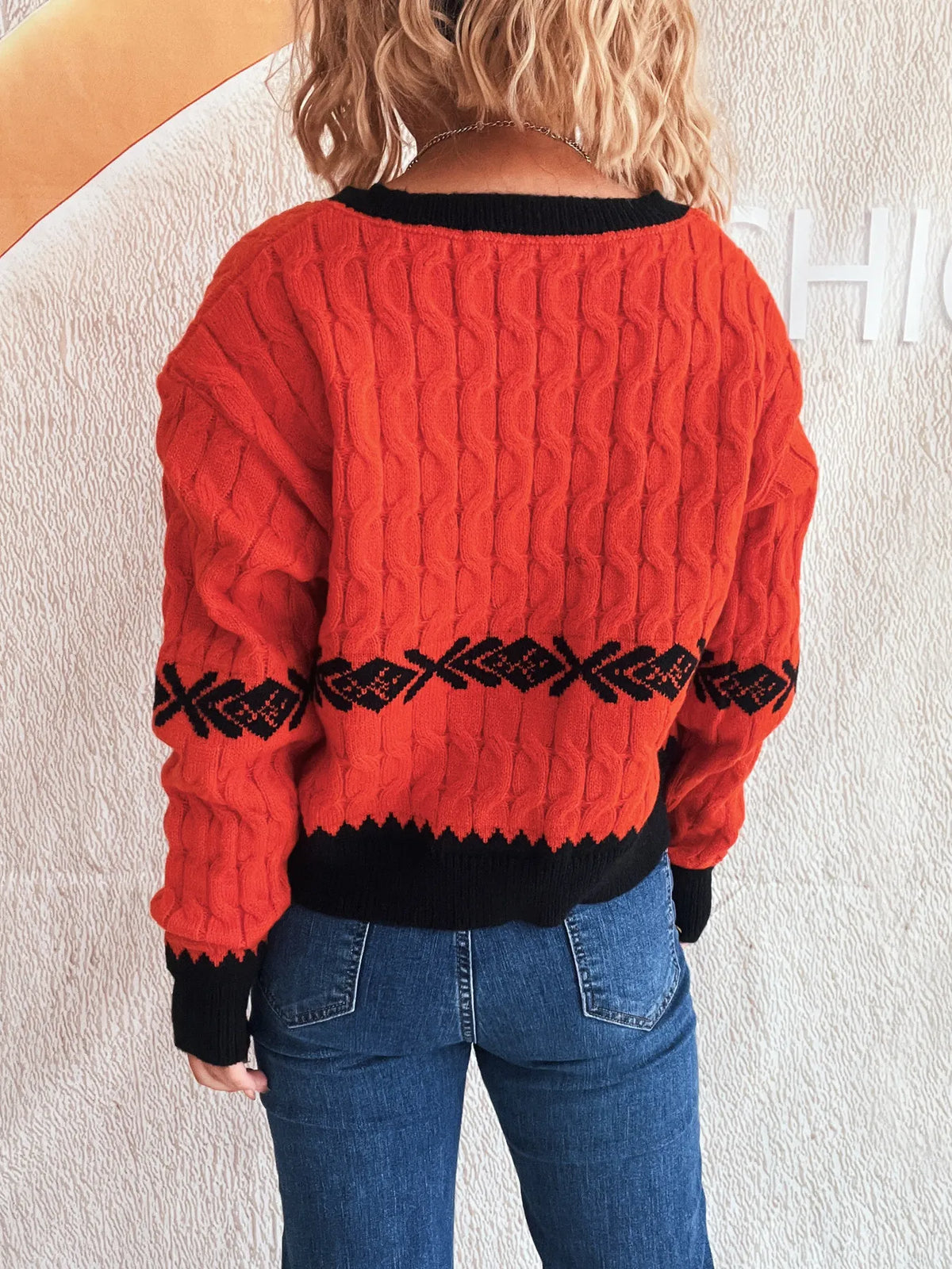 Cable Knit V Neck Sweater full outfit view