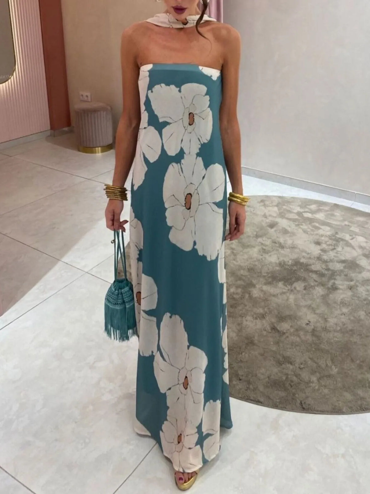 Printed tube maxi dress styled look
