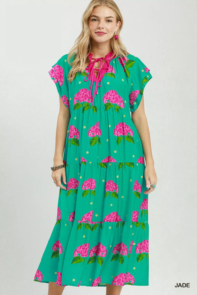 Hydrangea Print Tiered Midi Dress