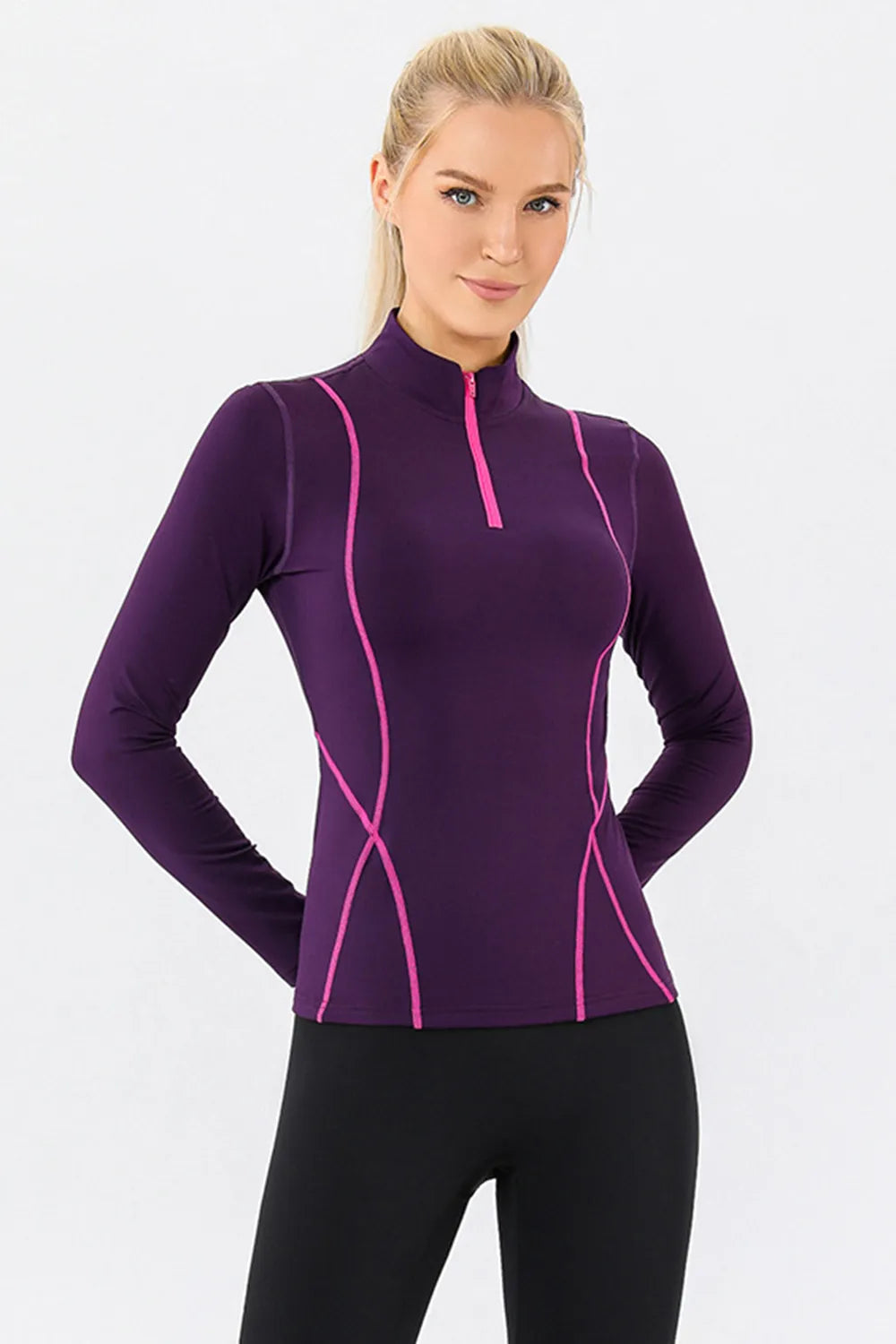 mock neck quarter zip active top styled outfit view