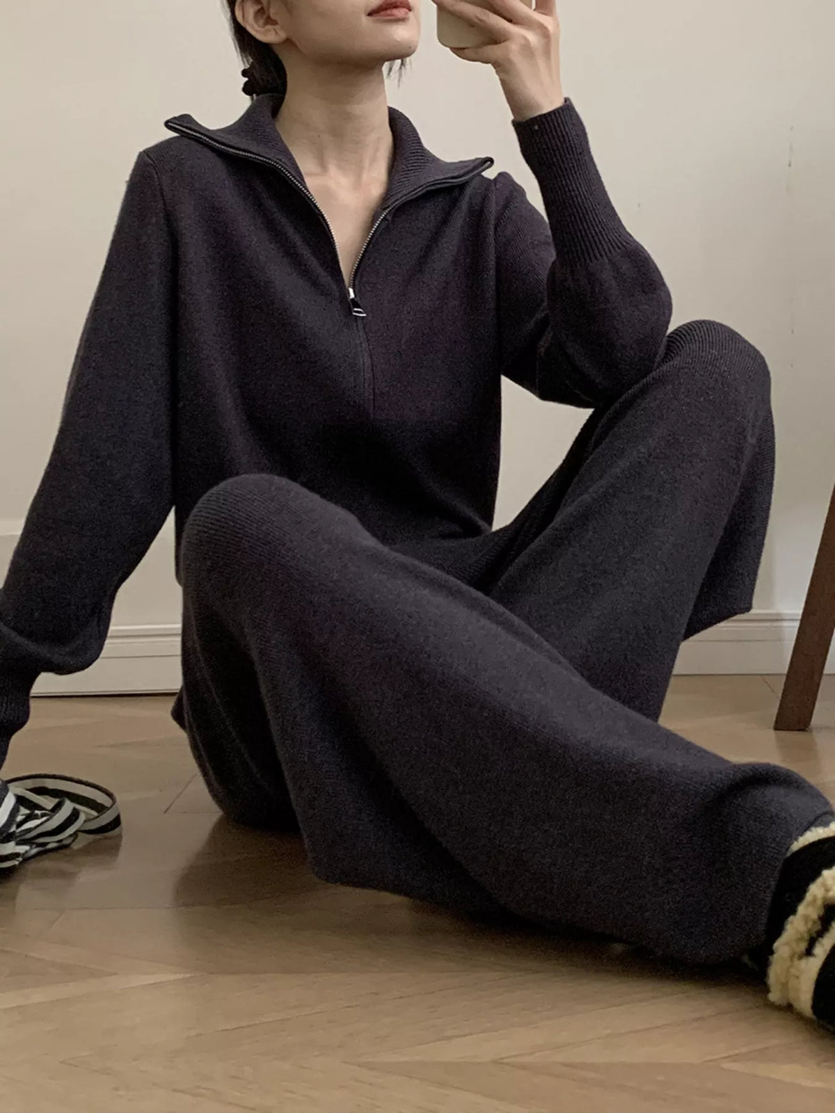 Coordinated zip up jacket and wide leg pants set styled outfit