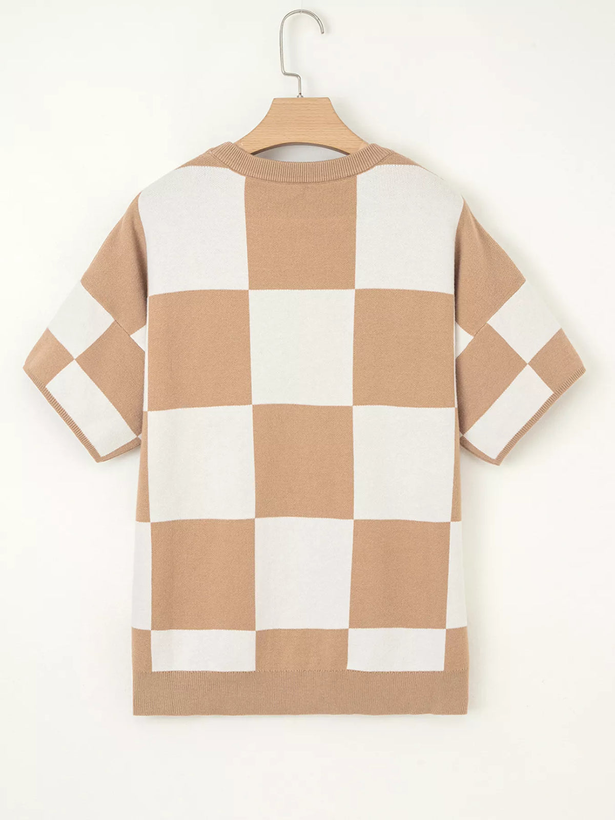 camel checkered half sleeve knit sweater styling detail