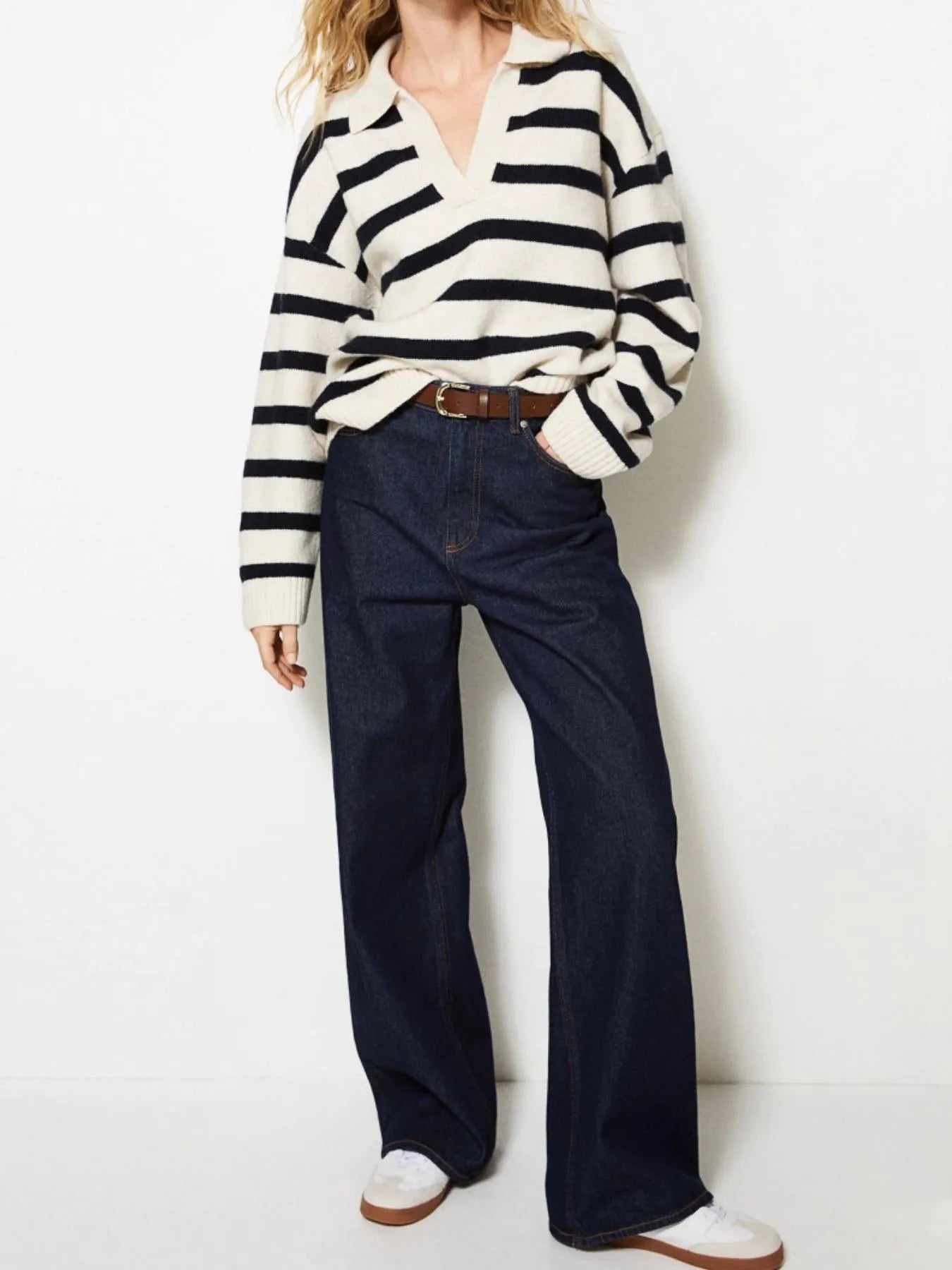 Striped Johnny Collar Long Sleeve Sweater - Fashorio