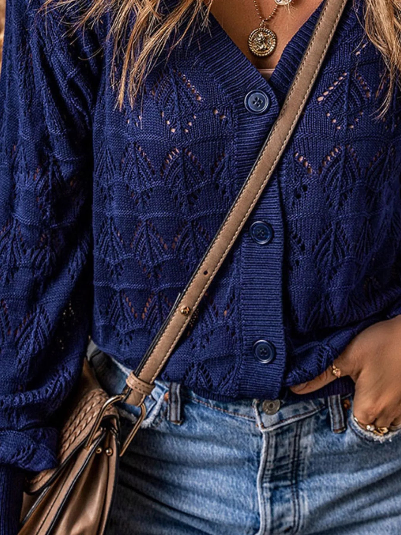 Openwork Button Up Cardigan - Fashorio