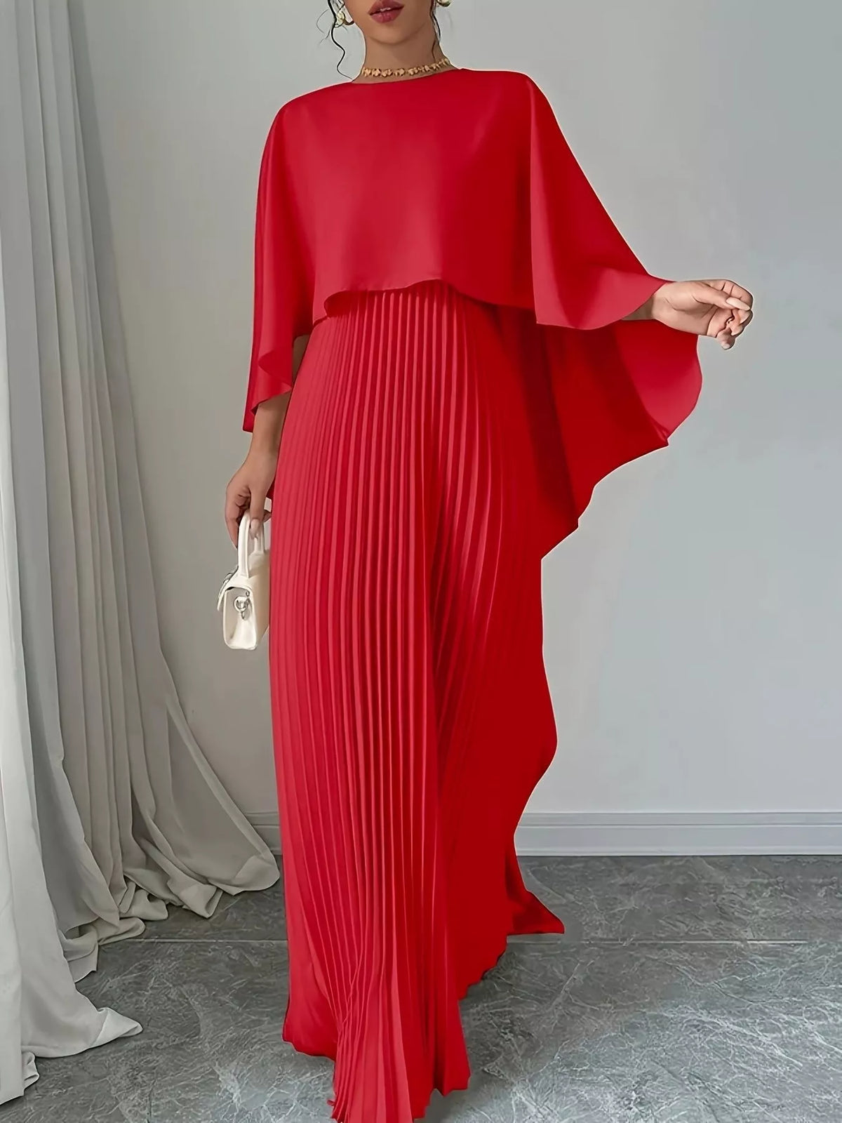 cape sleeve pleated maxi dress shoulder detail