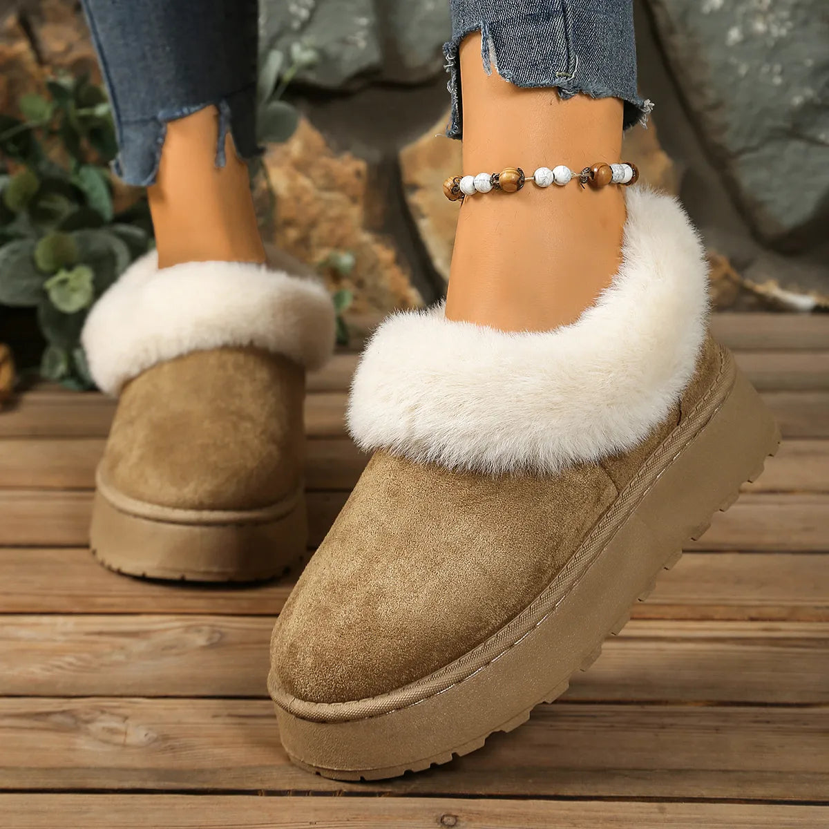 Fuzzy trim round toe platform boots upper detail