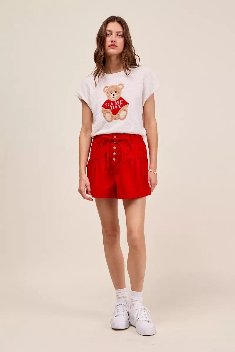 Red twill shorts back view