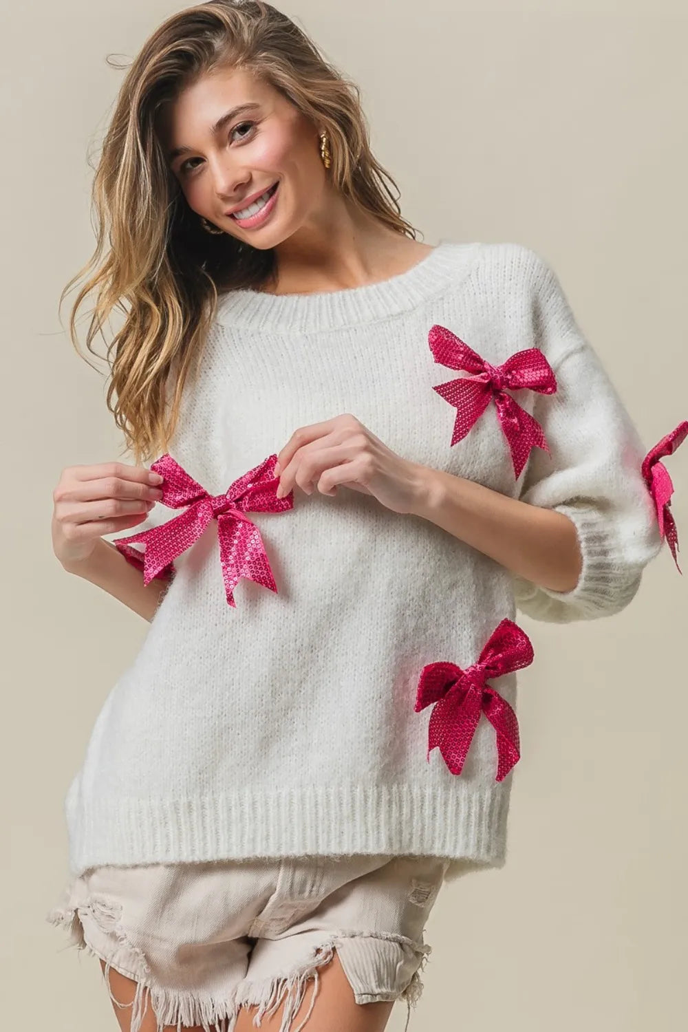 Puff sleeve sequin sweater sparkle close up detail