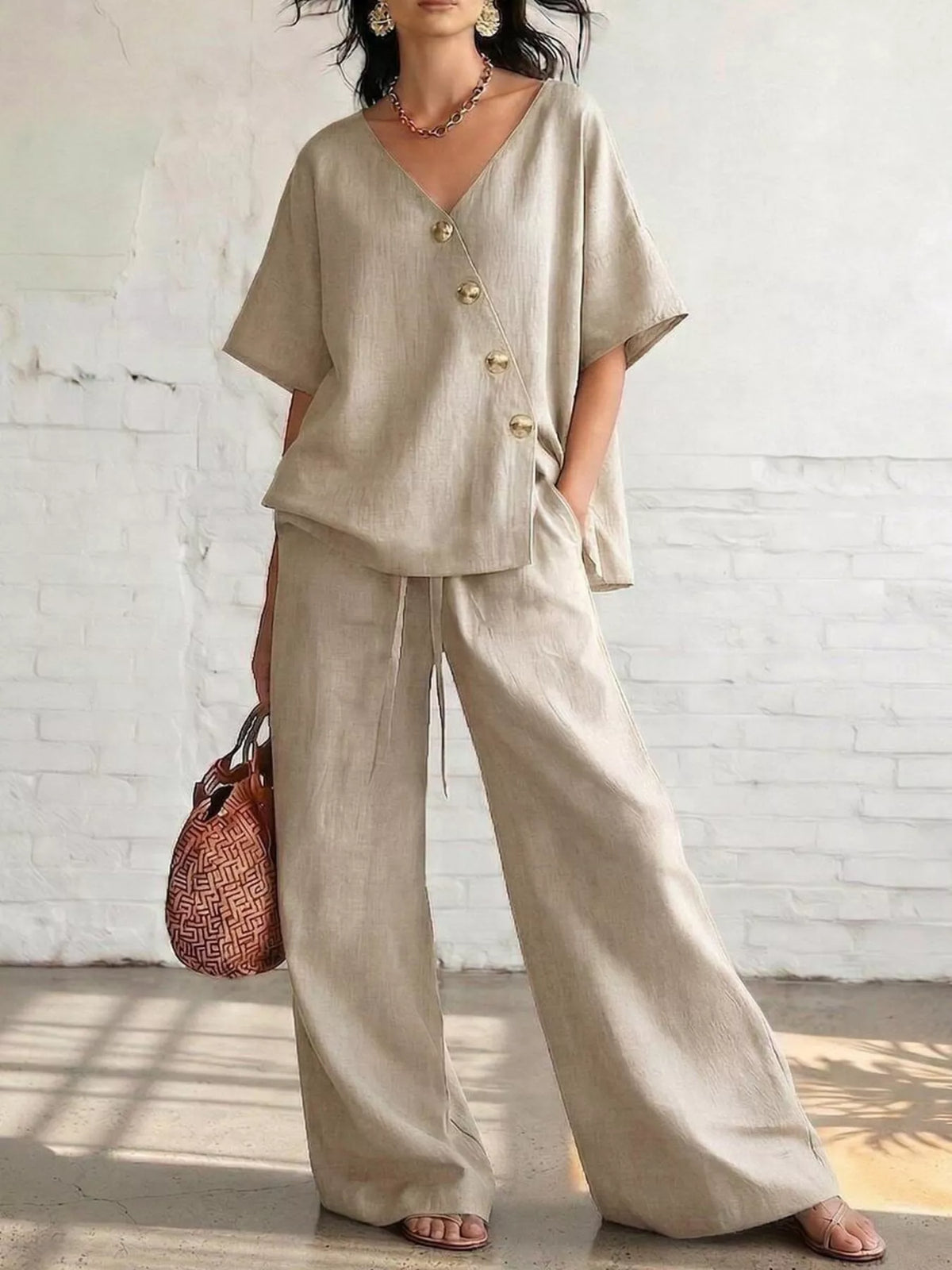 Full length view of the set showing the wide leg pants hem