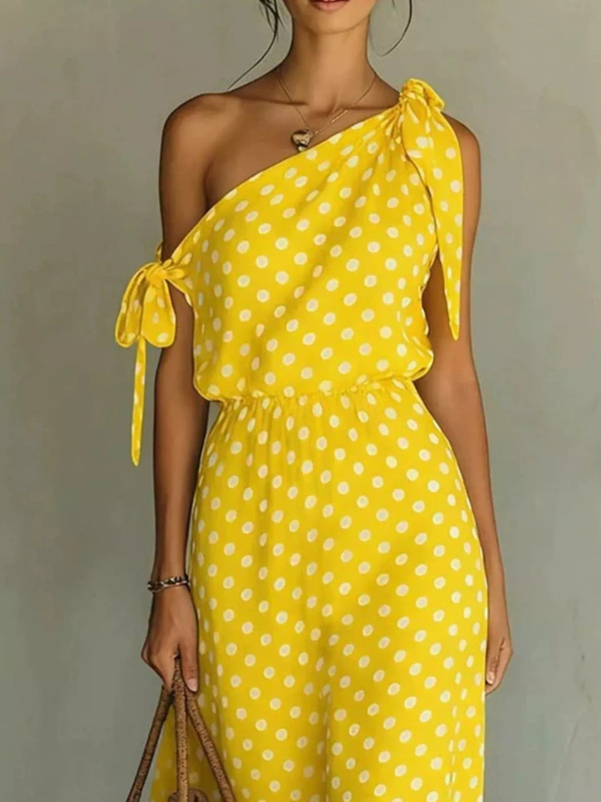 One shoulder polka dot maxi dress full outfit