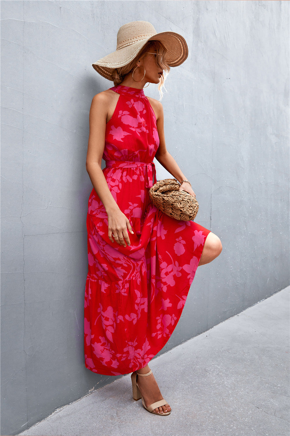 Printed sleeveless tie waist maxi dress detail view
