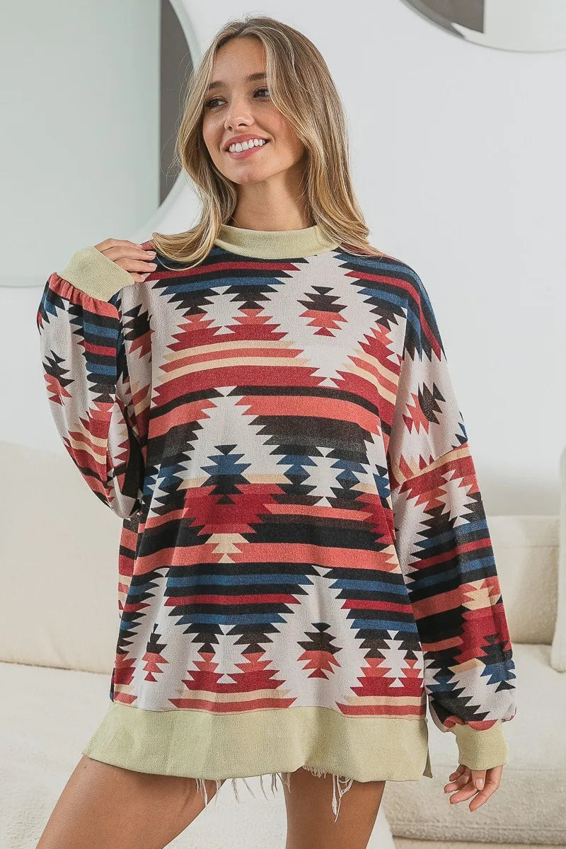 BiBi Aztec Print Mirr Mock Neck Lslv Top - Fashorio