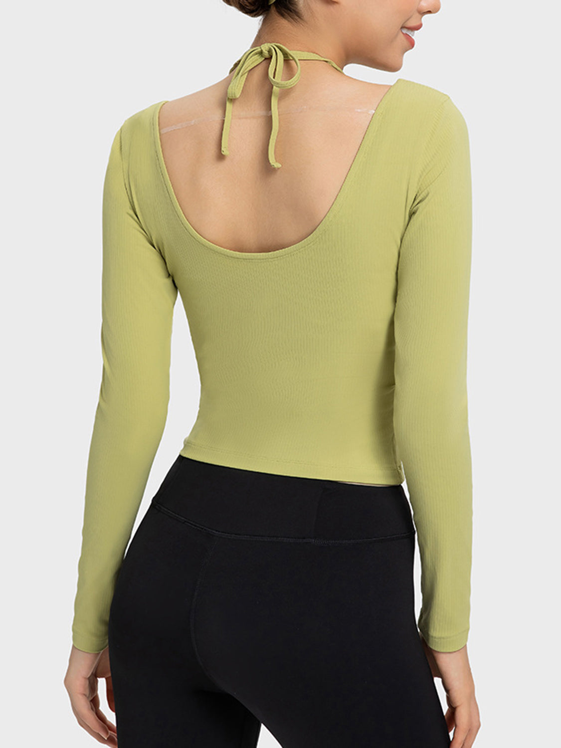 halter neck long sleeve active top full length view