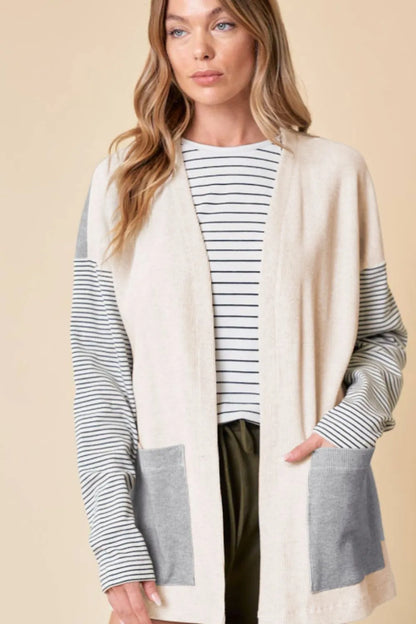 Open Front Long Sleeve Striped Cardigan with Pockets - Fashorio