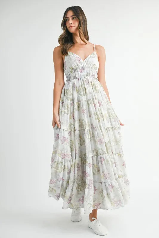 green floral tiered cami maxi dress side view