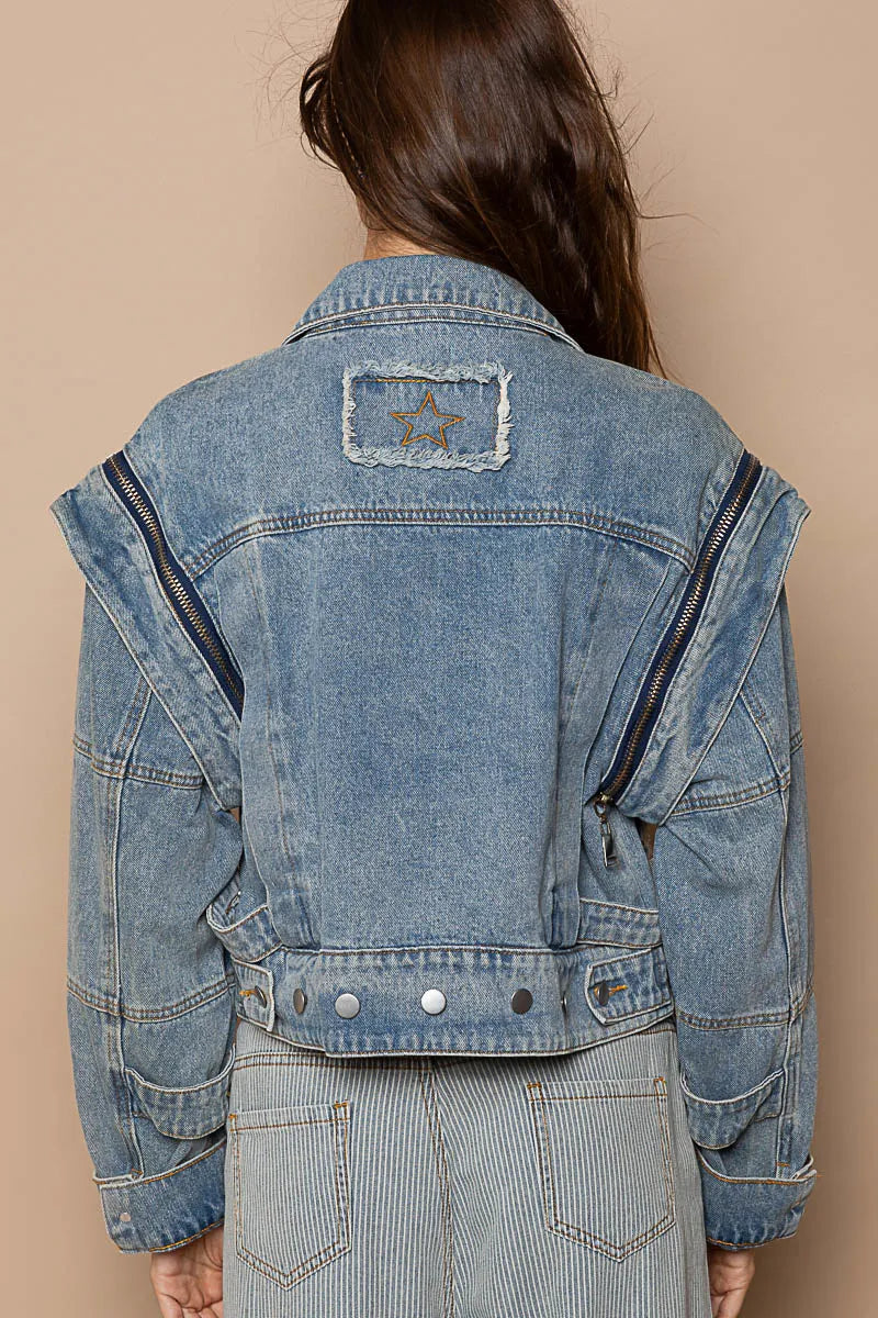 Cropped Zip Front Denim Jacket in Dusty Blue side view