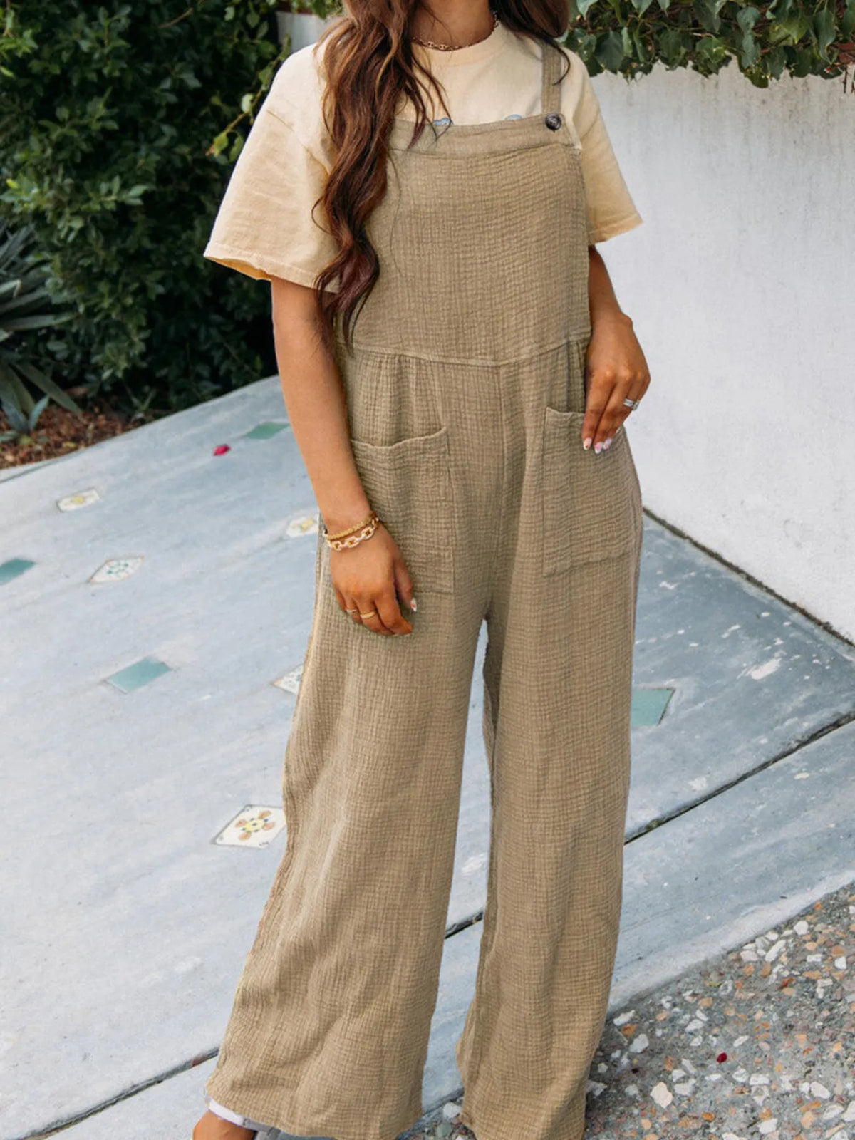 Casual Wide Leg Textured Overalls, view 6