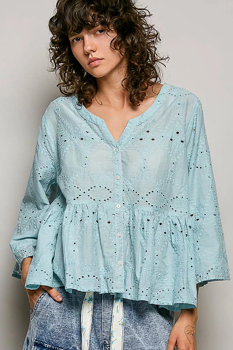 Three quarter sleeve detail on the eyelet peplum shirt