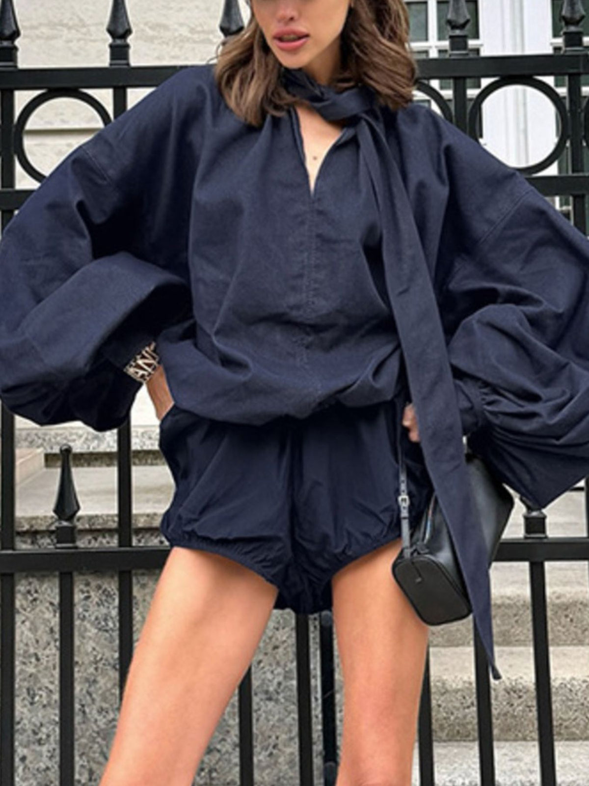 Navy denim tie front top and matching shorts set