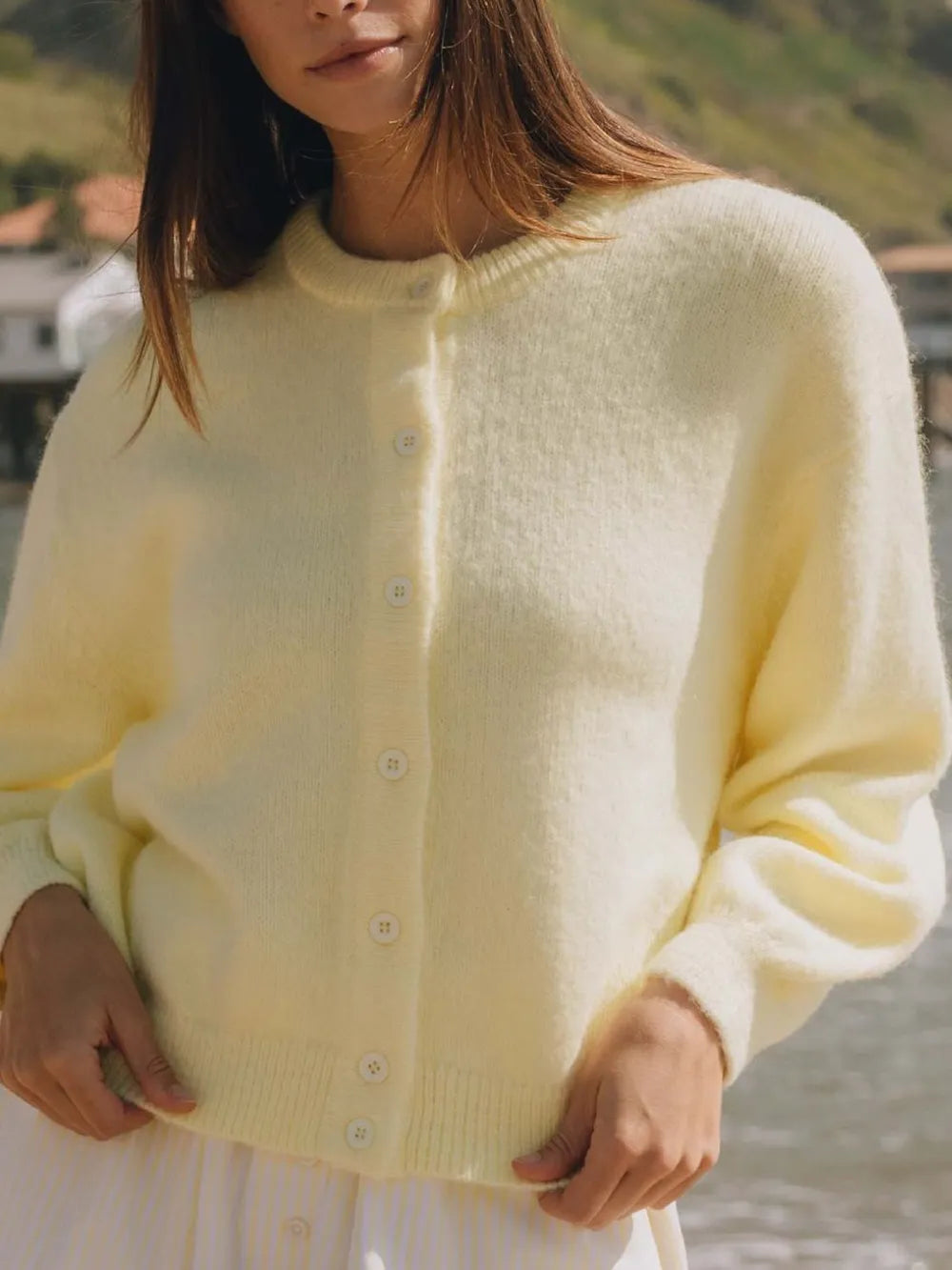 Button Down Long Sleeve Cardigan Pastel Yellow - Fashorio